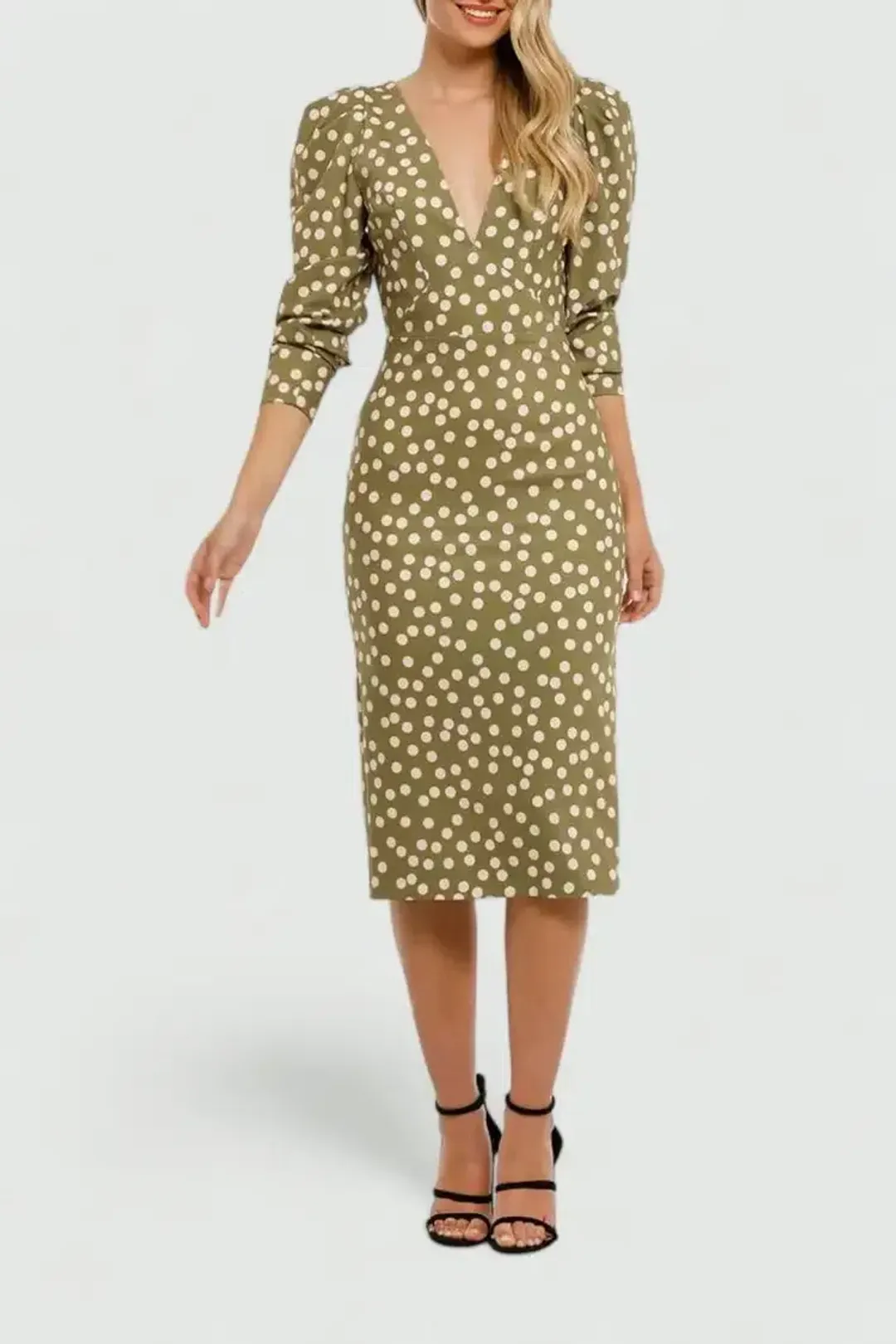 By Johnny Peach Polka V Plunge Midi Dress in Olive Peach Size 10 for rent on The Volte - main image