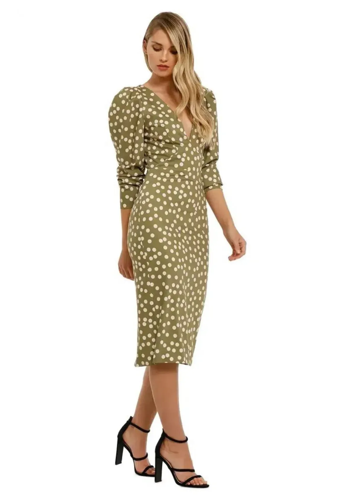 By Johnny Peach Polka V Plunge Midi Dress in Olive Peach Size 10 for rent on The Volte - main image
