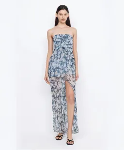 Bec & Bridge Opal Strapless Frill Ruffle Maxi Dress Denim Floral Size 6 for rent on The Volte - image 1