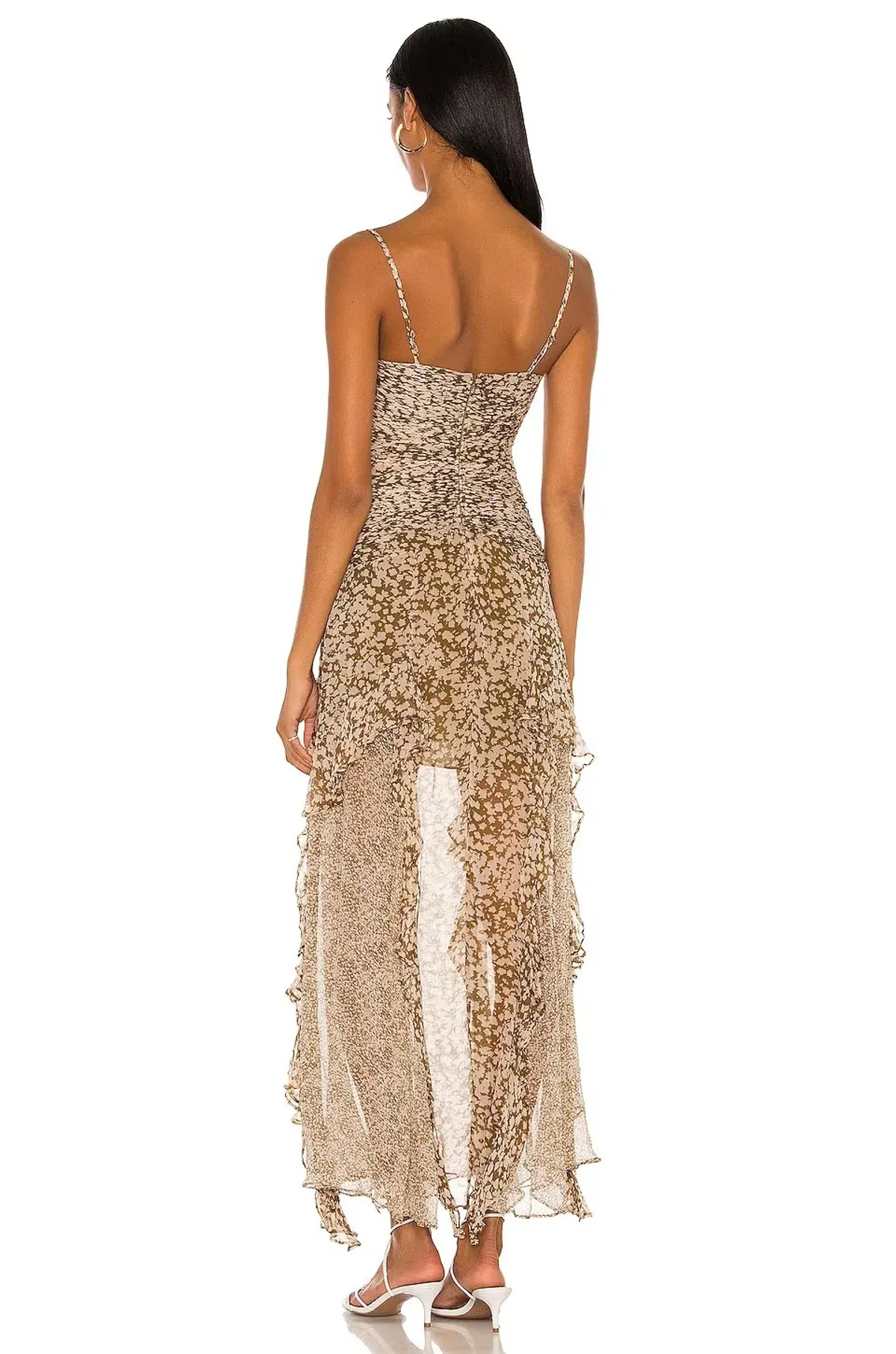 Shona Joy Claudette Ruched Frill Midi Dress Olive/Cream Print Size 8 - Image 3