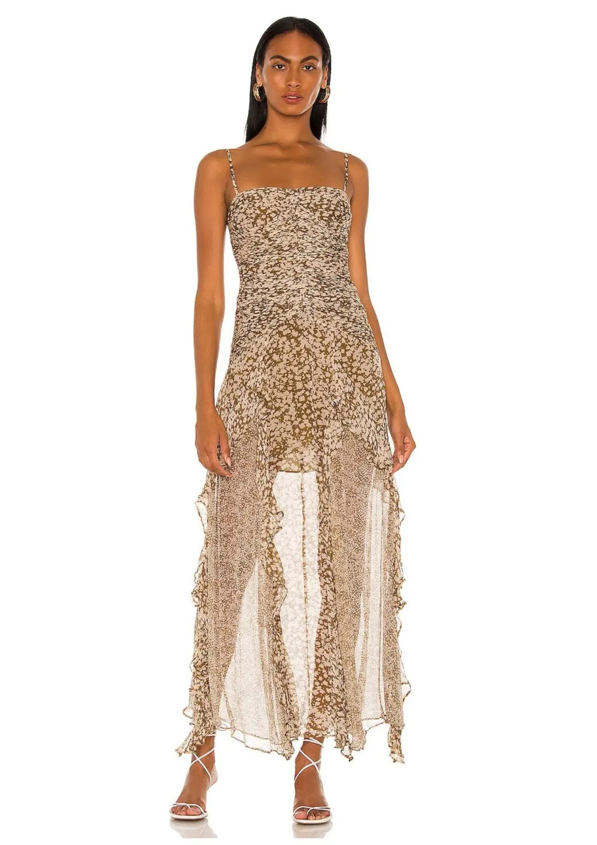 Shona Joy Claudette Ruched Frill Midi Dress Olive/Cream Print Size 8 - Image 1