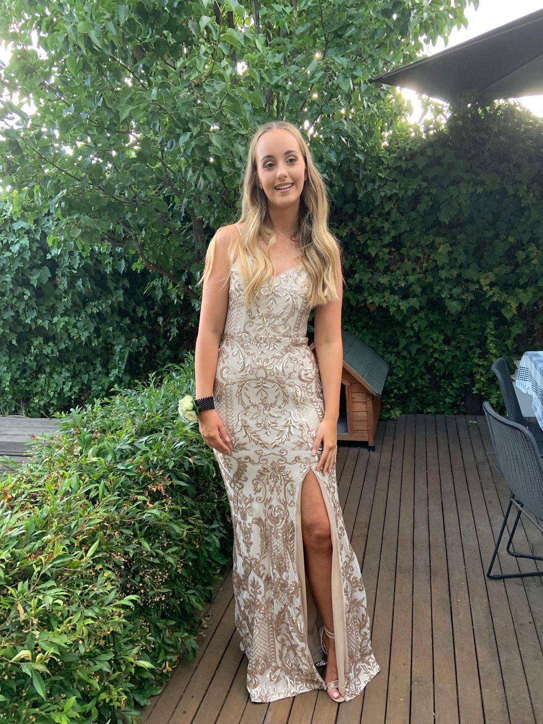 Bariano ELLE STRAPLESS PATTERN SEQUIN GOWN Champagne Size 12 for rent on The Volte - main image