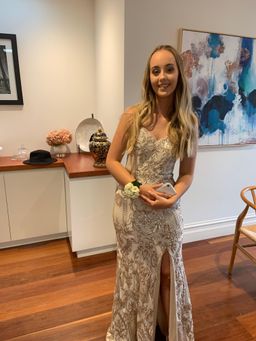 Bariano ELLE STRAPLESS PATTERN SEQUIN GOWN Champagne Size 12 for rent on The Volte - image 1