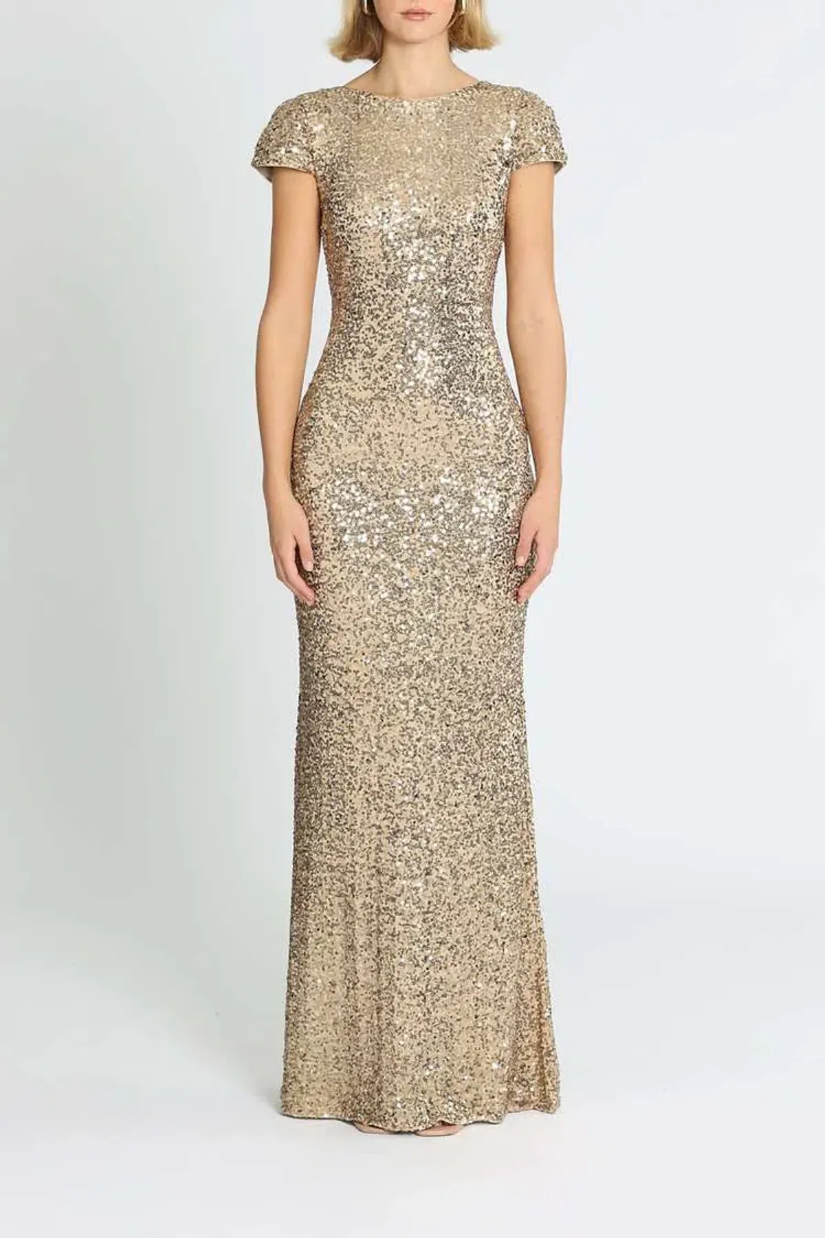 Badgley Mischka Sequin Cowl Back Gown Gold Size 6 for rent on The Volte - main image