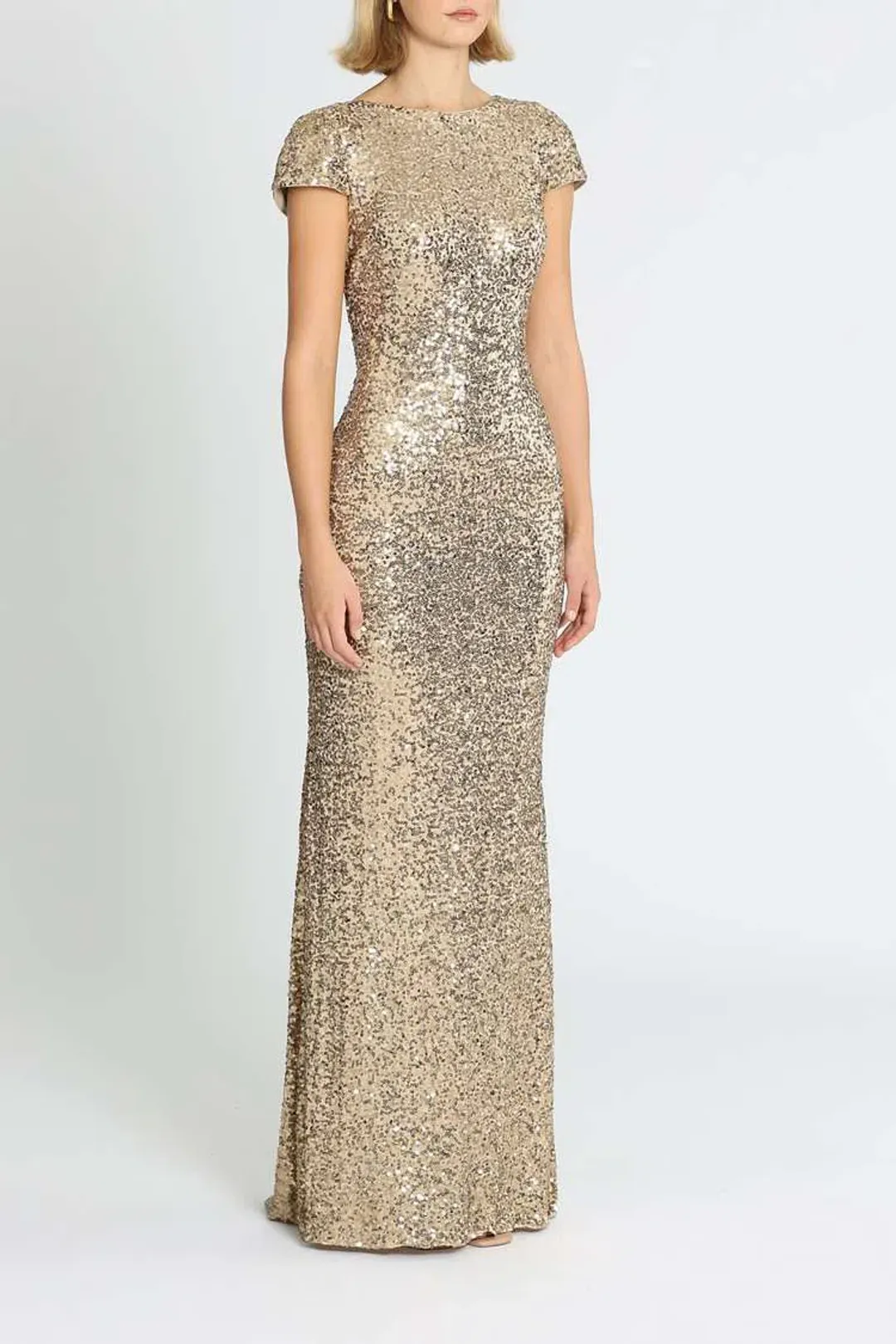 Badgley Mischka Sequin Cowl Back Gown Gold Size 6 for rent on The Volte - main image