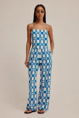 Venroy Printed Poplin Top and Pant Set in Blue/Off White Geometric Size XS/Au 6 for rent on The Volte - image 1