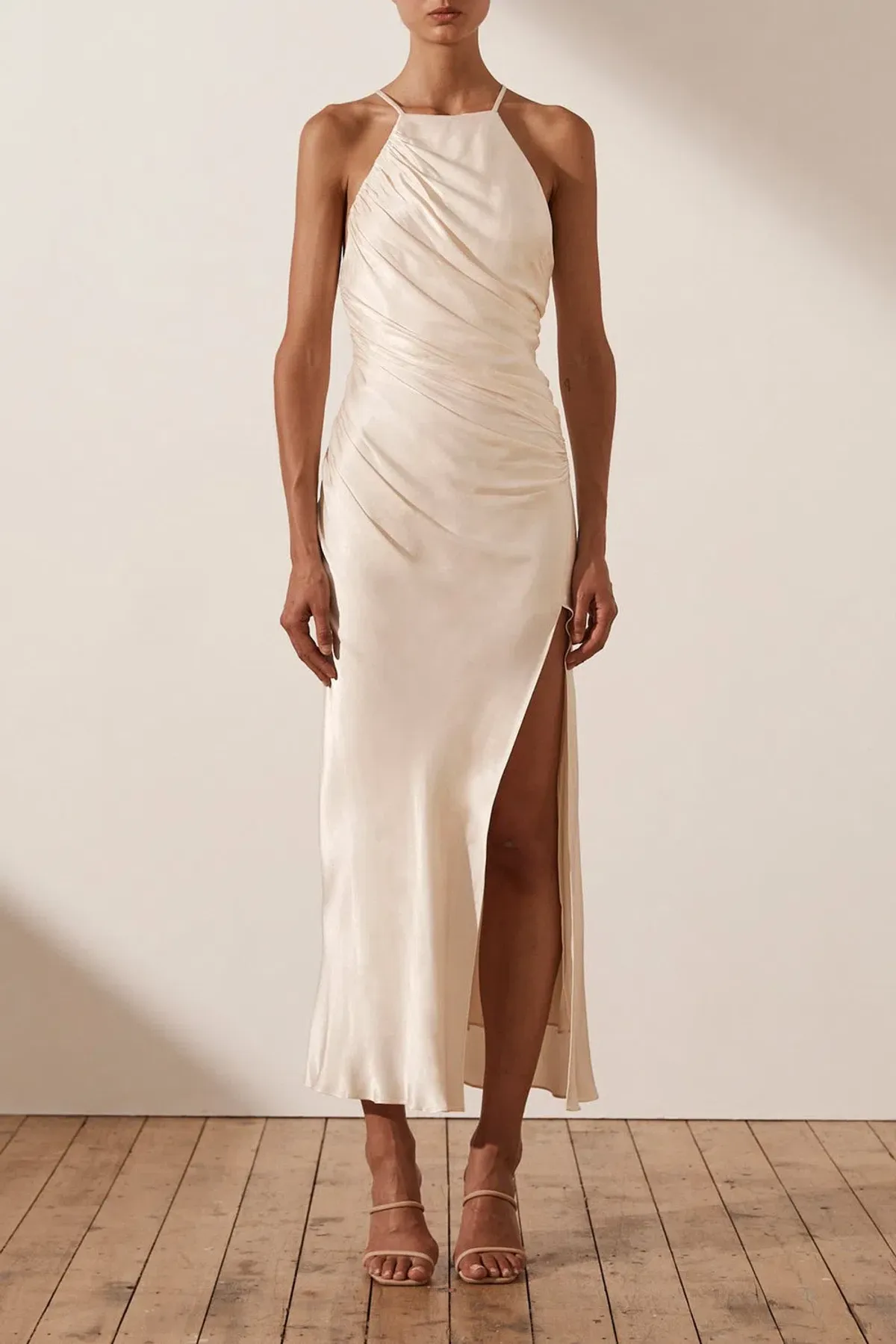 Shona Joy La Lune Gathered Square Neck Bias Midi Dress Cream Size 12 - Image 1