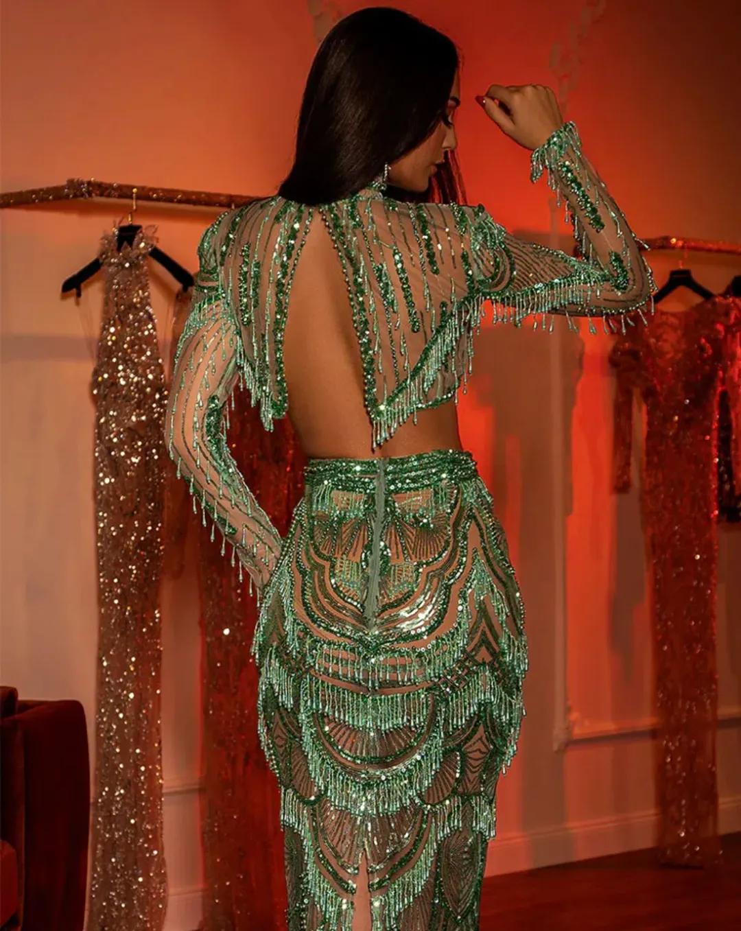 Albina Dyla Beaded Top & Skirt Set Green Size 6 for rent on The Volte - main image