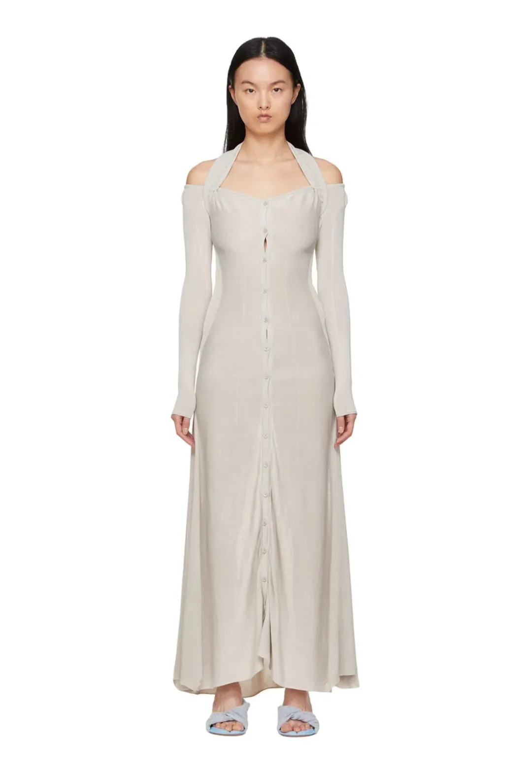Jacquemus Lagoa Cold-Shoulder Knitted Halterneck Dress Grey Size 8 for rent on The Volte - main image
