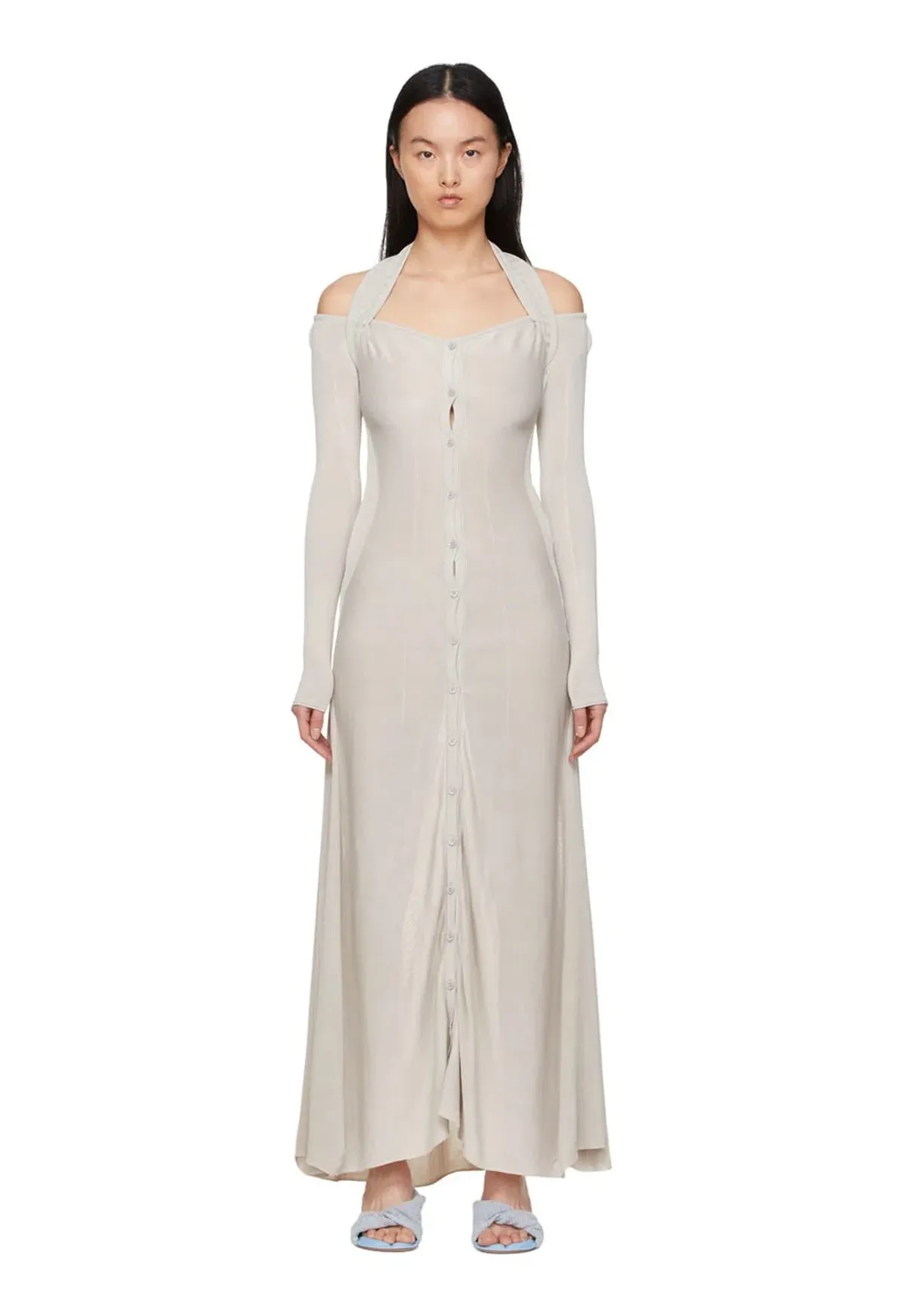 Jacquemus Lagoa Cold-Shoulder Knitted Halterneck Dress Grey Size 8 for rent on The Volte - main image