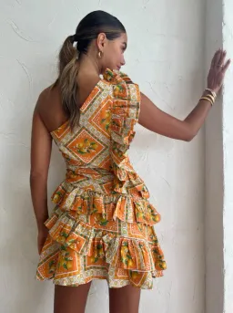 By Nicola Adrift Frill Mini Dress in Orange Mosaic Print Size 8 for rent on The Volte - image 3