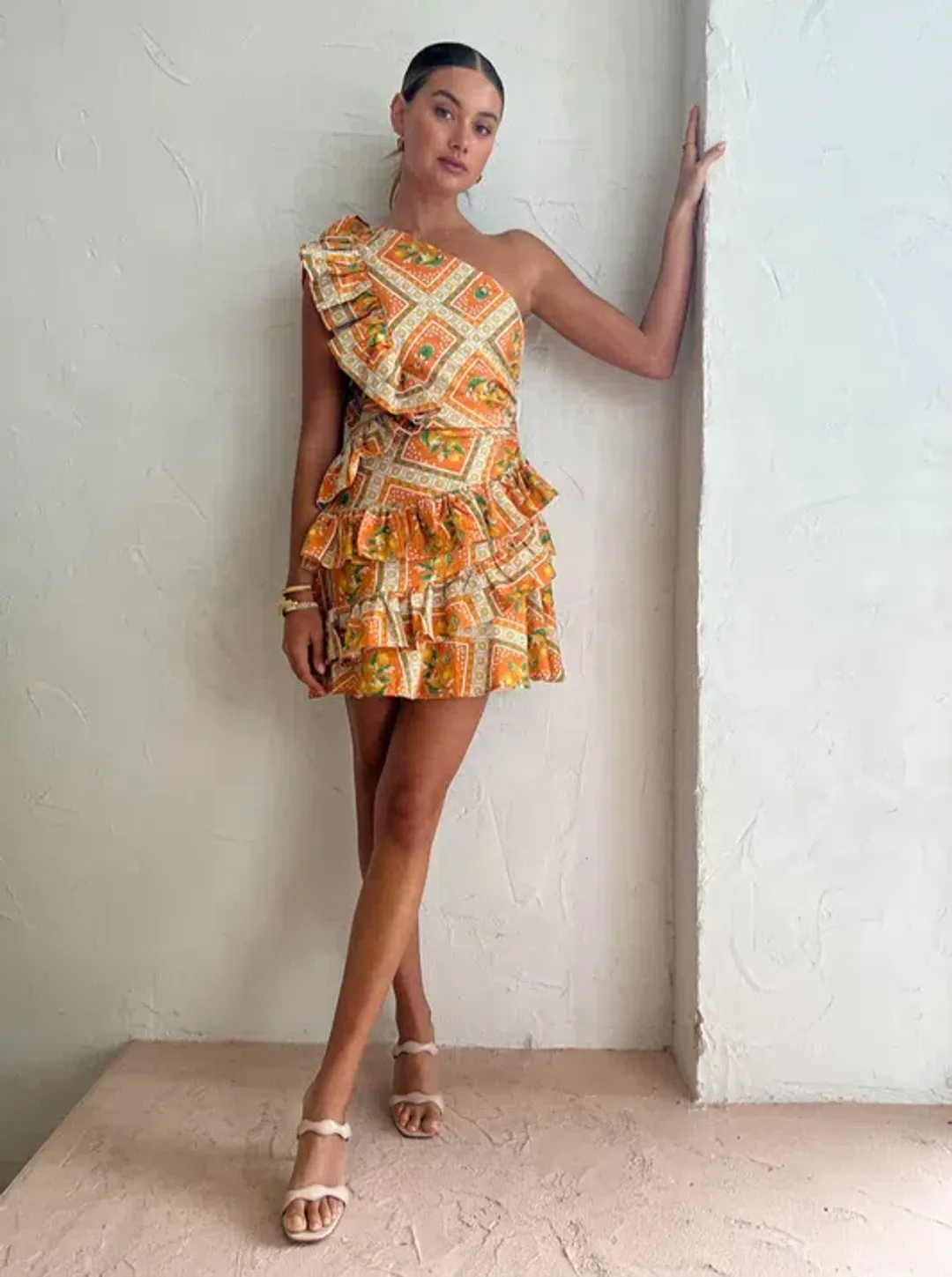 By Nicola Adrift Frill Mini Dress in Orange Mosaic Print Size 8 for rent on The Volte - main image