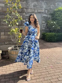 Rachel Gilbert Emiliano Dress Blue Print Size 12 for rent on The Volte - image 1