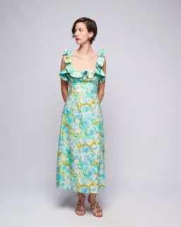 Zimmermann High Tide Frilled Midi Dress in Aqua Ikat Floral Size 1 / AU 10 for rent on The Volte - image 1