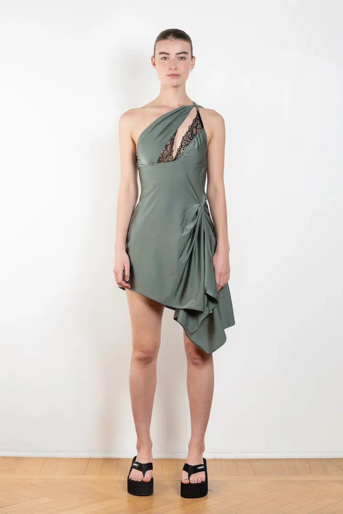 Coperni Lace-Trim Asymmetric Mini Dress Green Size 8 for rent on The Volte - main image