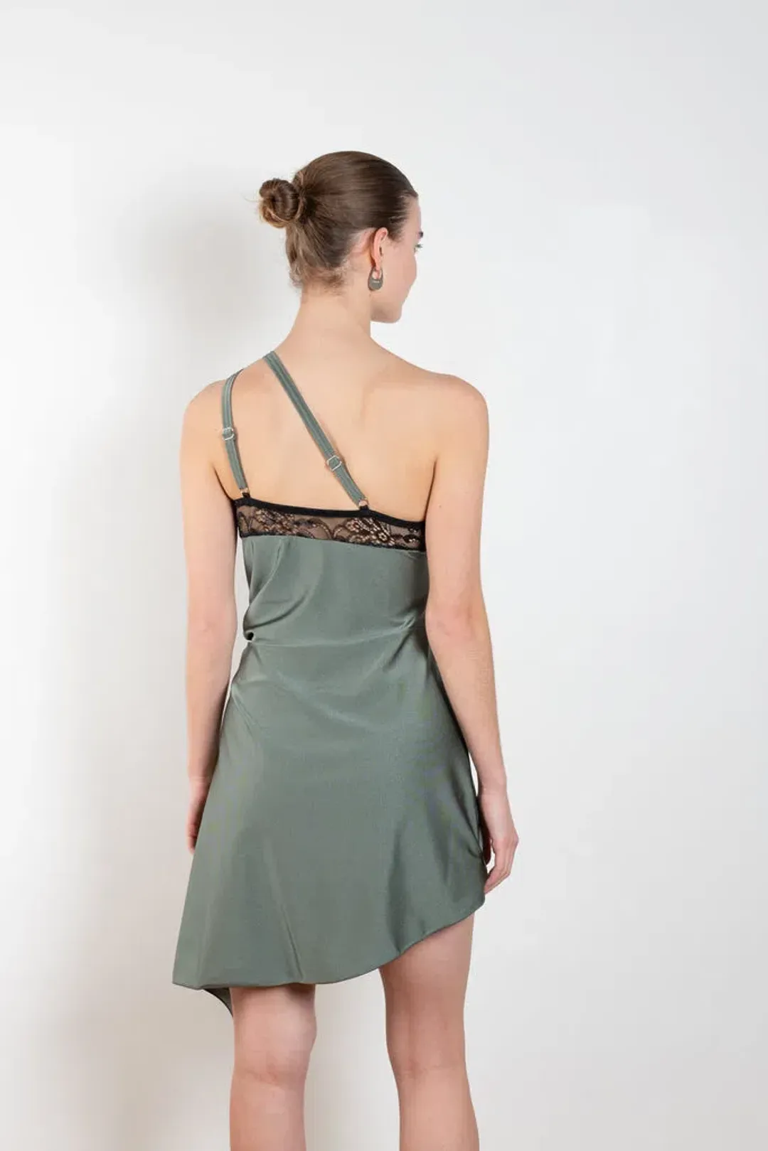 Coperni Lace-Trim Asymmetric Mini Dress Green Size 8 for rent on The Volte - main image