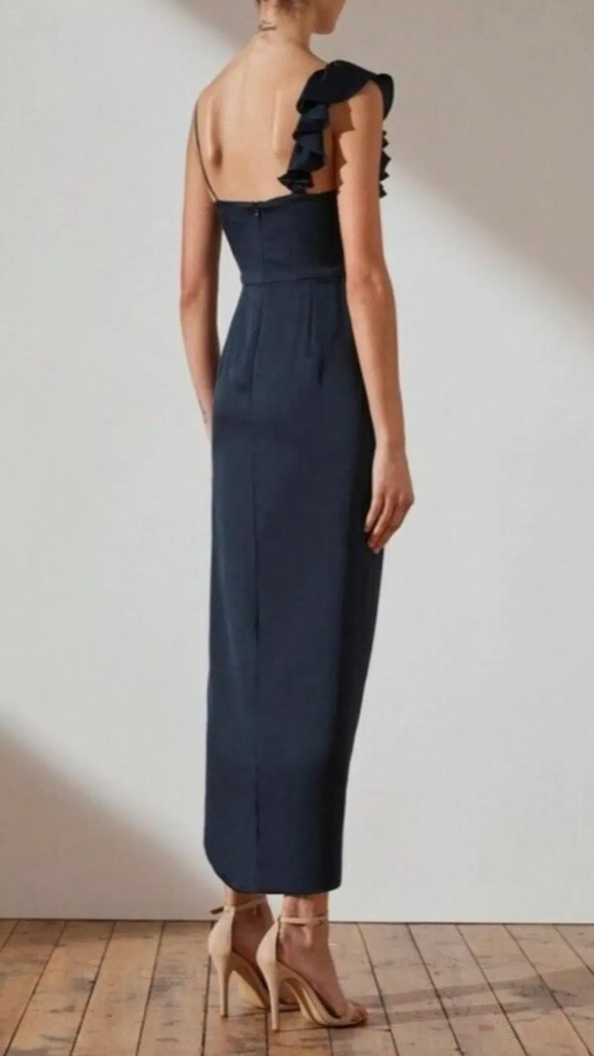 Shona Joy Luxe Asymmetrical Frill Dress Navy Size 6 - Image 3