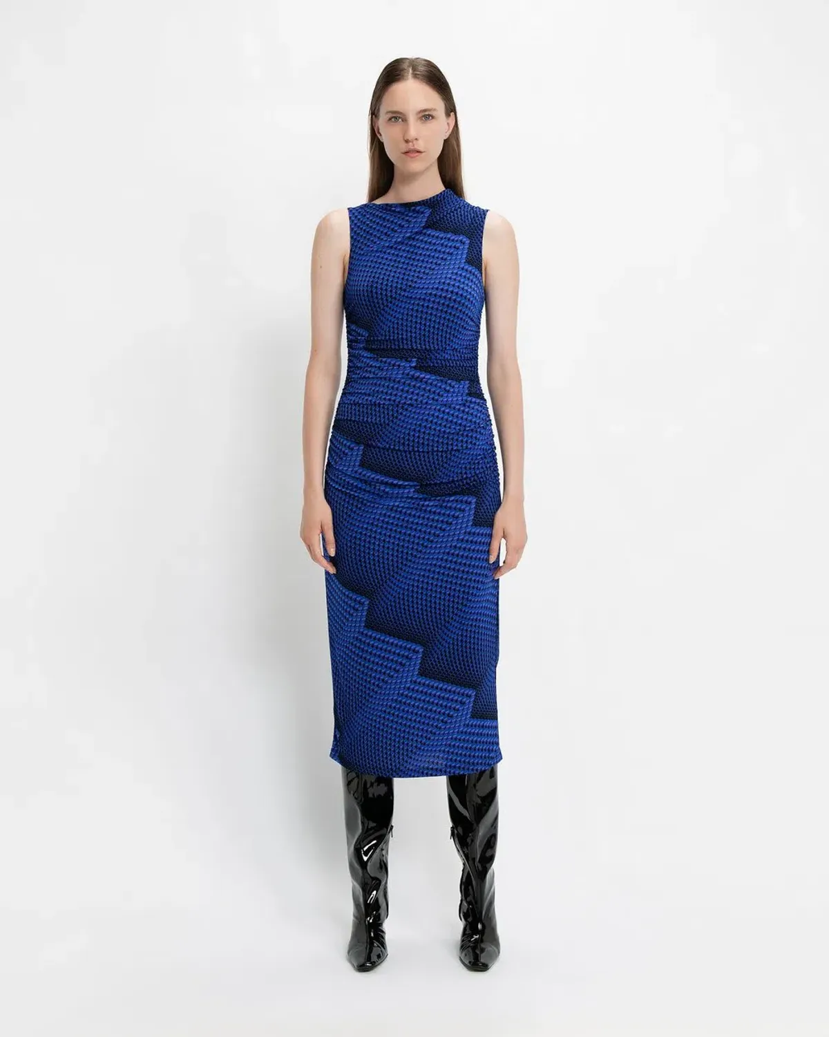 Cue Jersey Rushed Dress Blue Print Size 8 - Image 1