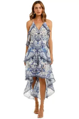 Camilla V-Neck Fitted Dress With Ruffles in Blue Size 10 for rent on The Volte - image 1