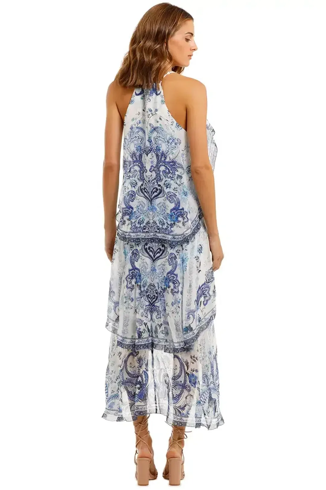 Camilla V-Neck Fitted Dress With Ruffles in Blue Size 10 for rent on The Volte - main image