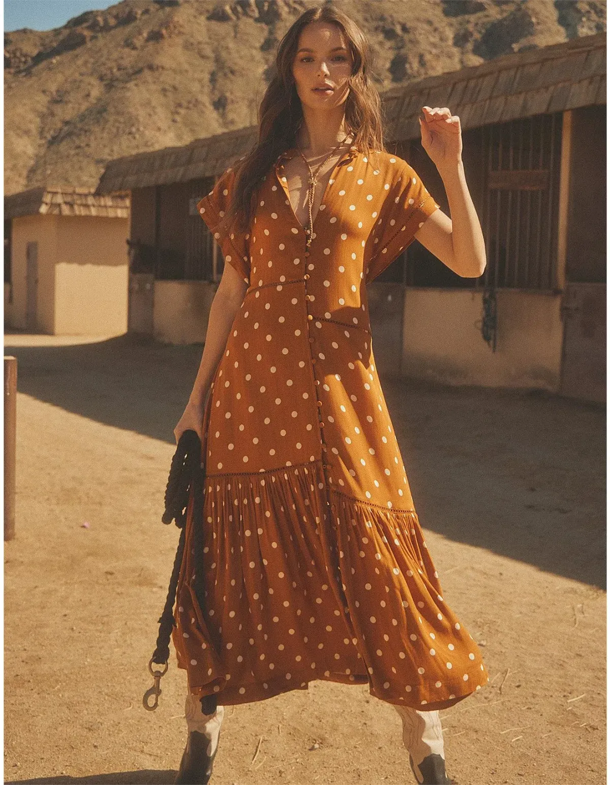 Bohemian Traders Polka Dot Lattice Midi Dress Brown Size 8 for rent on The Volte - main image