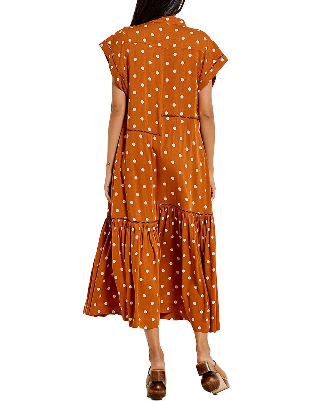 Bohemian Traders Polka Dot Lattice Midi Dress Brown Size 8 for rent on The Volte - main image