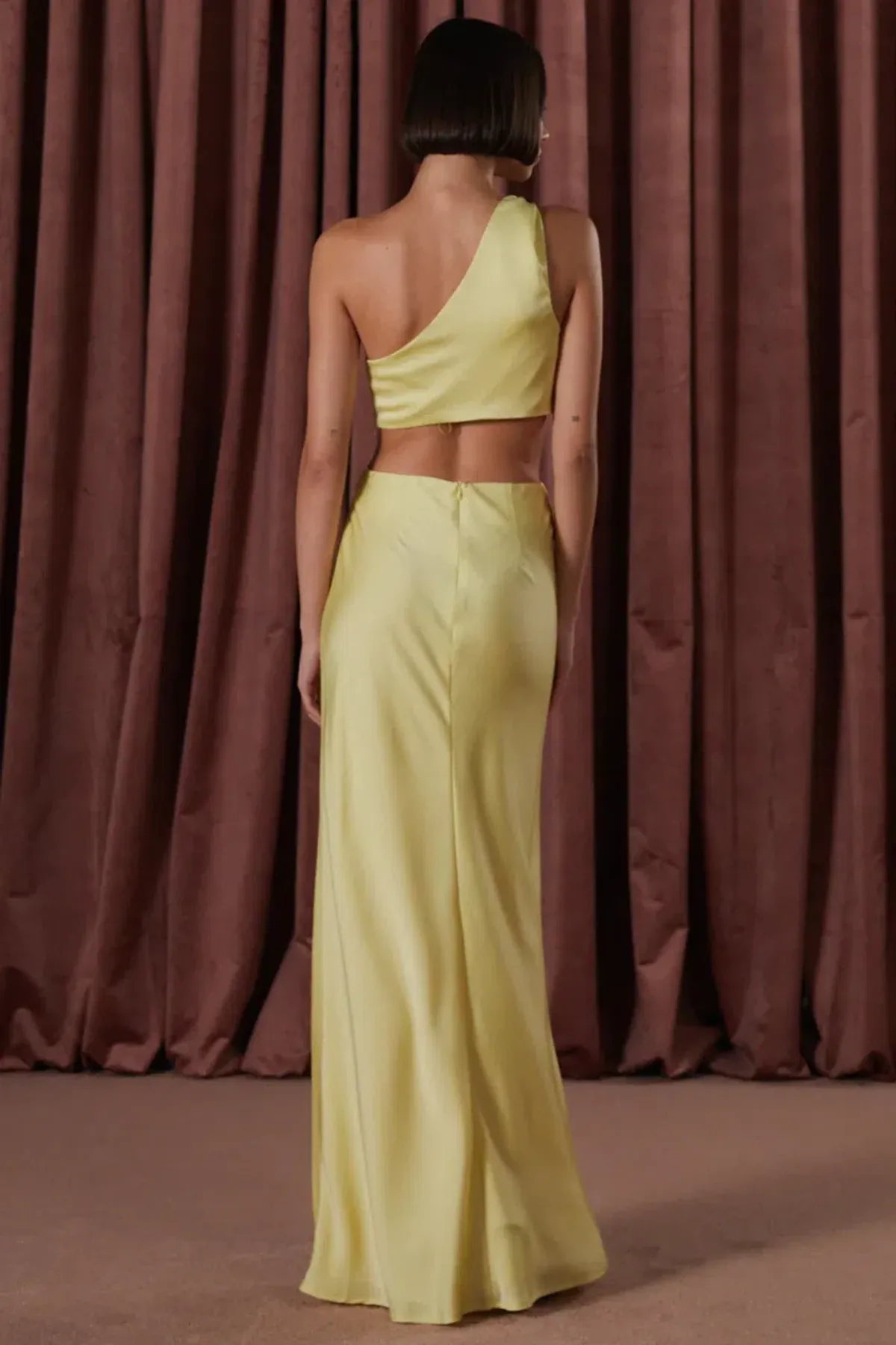 MISHA Kristin Satin Gown Soft Lime Yellow Size 8/S - Image 3