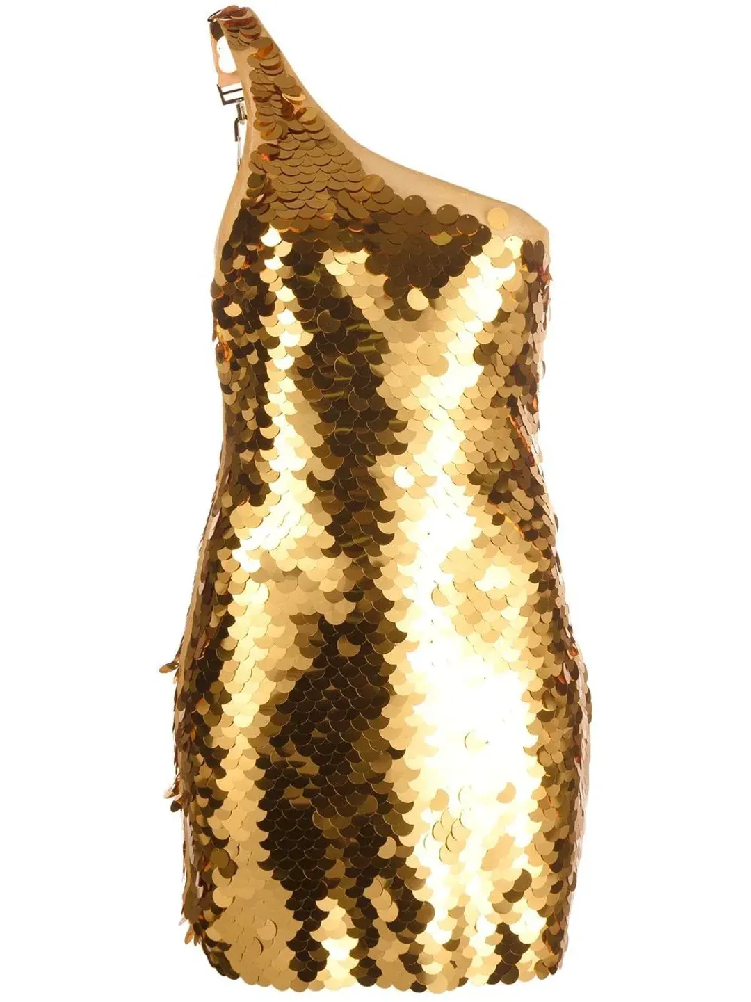 Patrizia Pepe One Shoulder Sequin Mini Dress Gold Size 8 for rent on The Volte - main image
