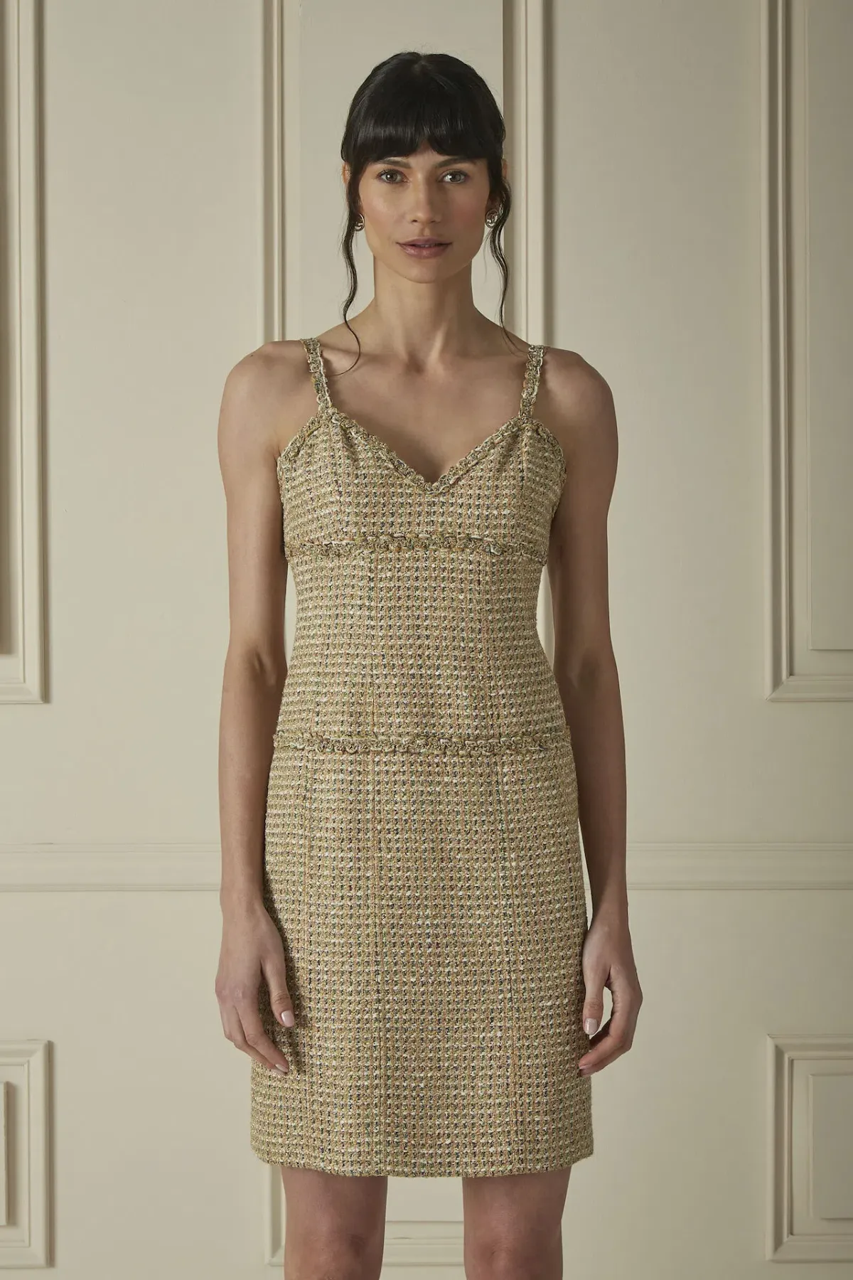 Chanel Tweed Mini Dress Gold Multicolour Size AU 10 / M for rent on The Volte - main image