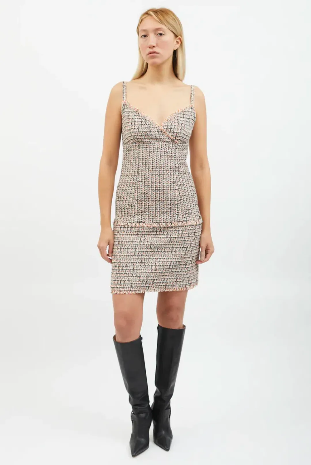 Chanel Tweed Frayed Edge Mini Dress Orange & Black Size M / AU 10 for rent on The Volte - main image