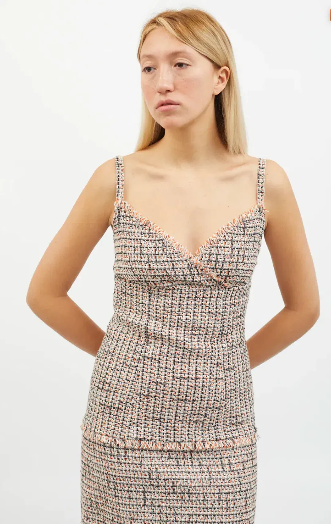 Chanel Tweed Frayed Edge Mini Dress Orange & Black Size M / AU 10 for rent on The Volte - main image