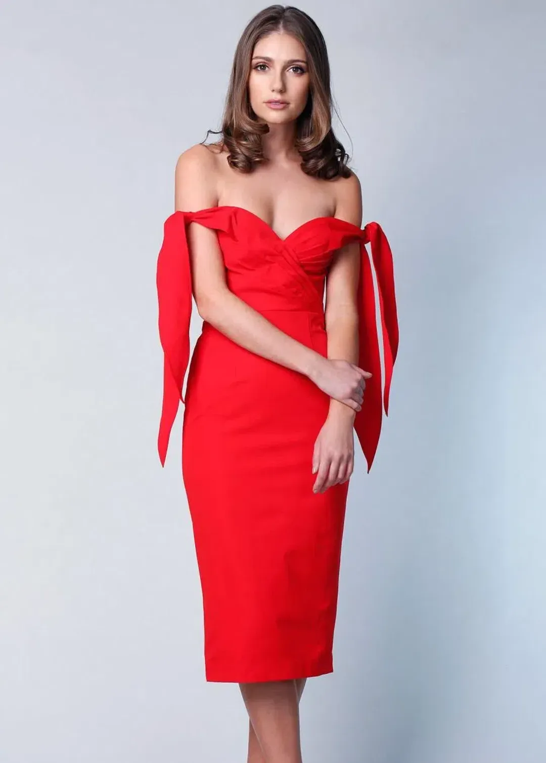 Elle Zeitoune Off The Shoulder Midi Dress Red Size 10 for rent on The Volte - main image