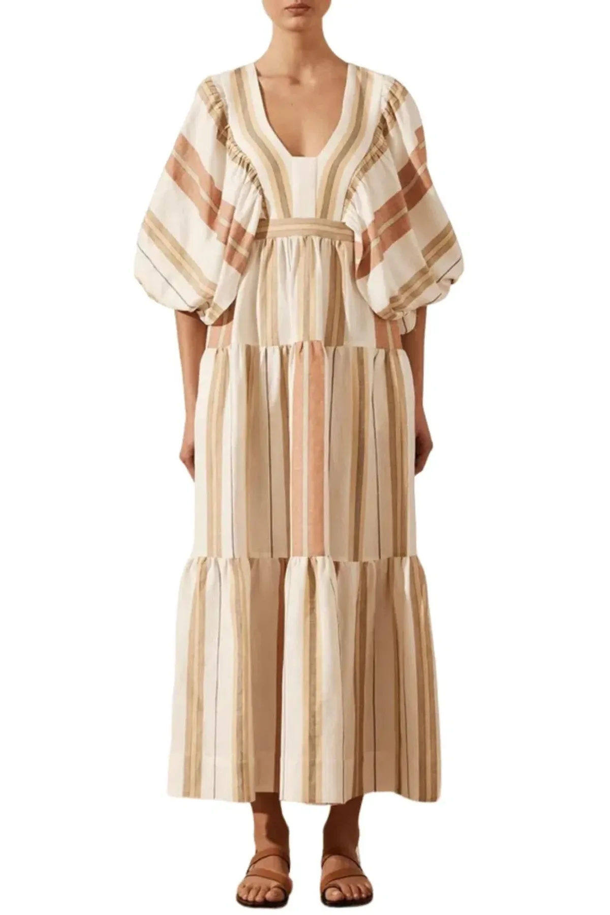 Shona Joy Suzana Midi Dress Beige Striped Size 10 - Image 1
