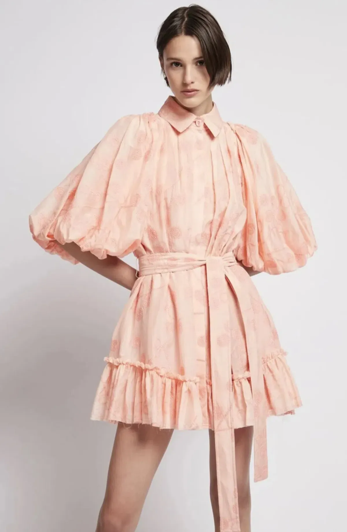 Aje Textural Puff Sleeve Mini Dress Peach Size 8 for rent on The Volte - main image