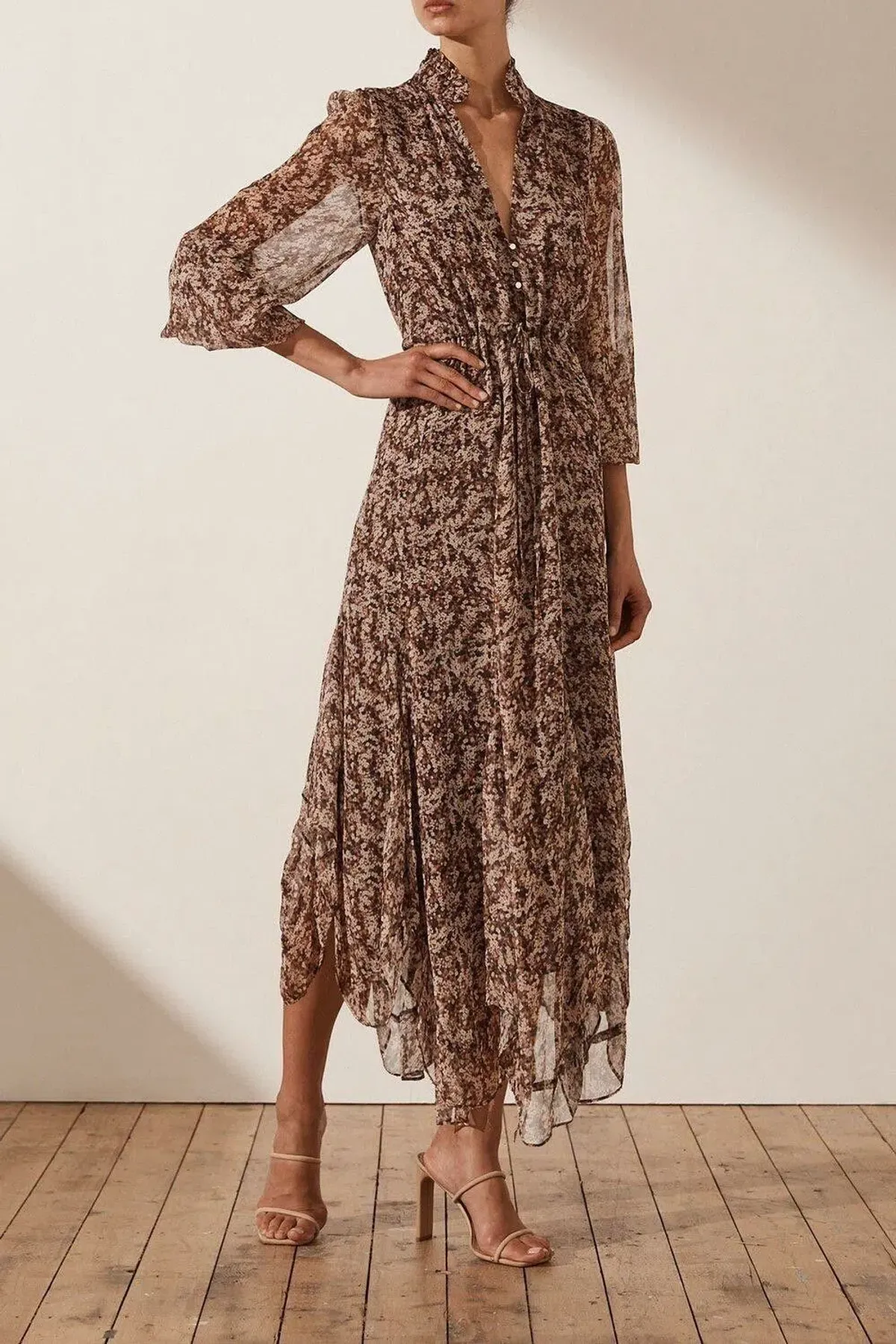 Shona Joy Blossom Plunged Midi Dress In Choc/Multi Size 6 - Image 1