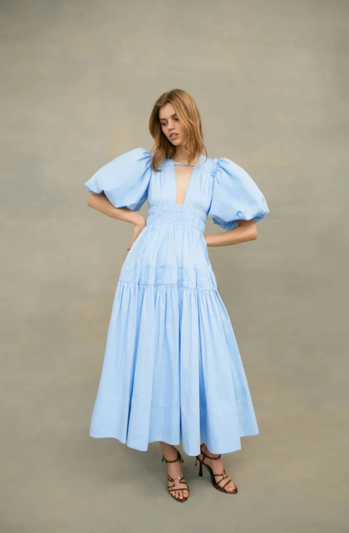 Aje Falling Water Gathered Midi Dress Blue Size 14 for rent on The Volte - main image