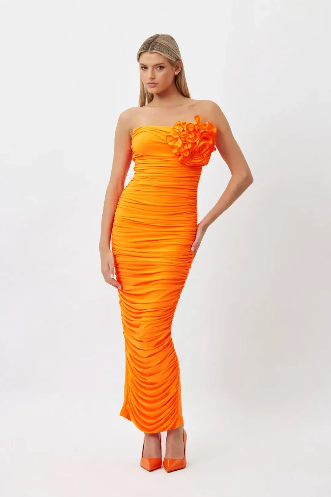 Bianca and Bridgett Tara Midi Dress in Orange Size 8 for rent on The Volte - main image