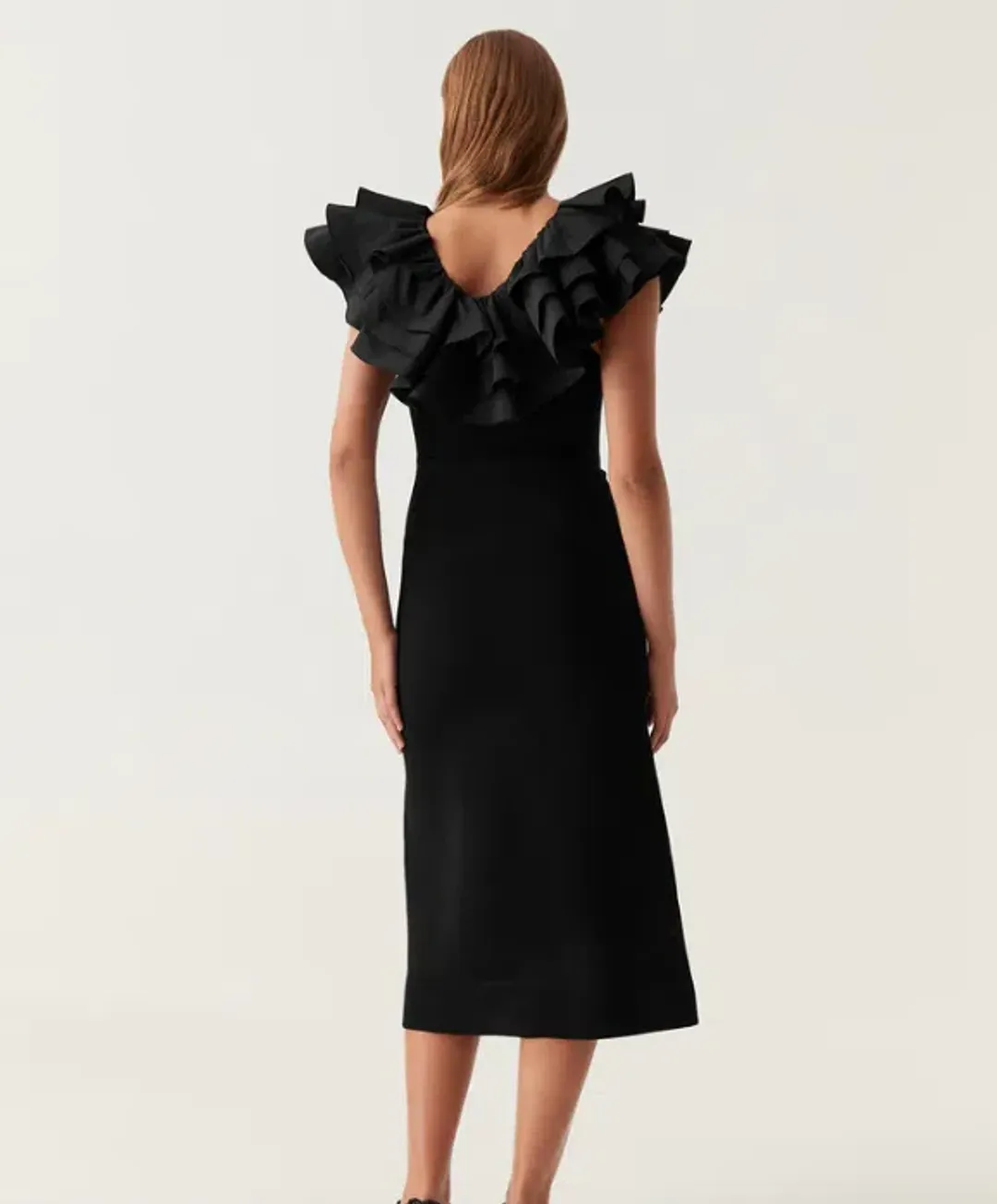 Aje Transcendent Ruffle Midi Dress in Black Size 12 for rent on The Volte - main image