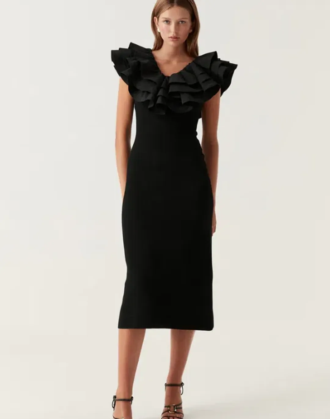 Aje Transcendent Ruffle Midi Dress in Black Size 12 for rent on The Volte - main image
