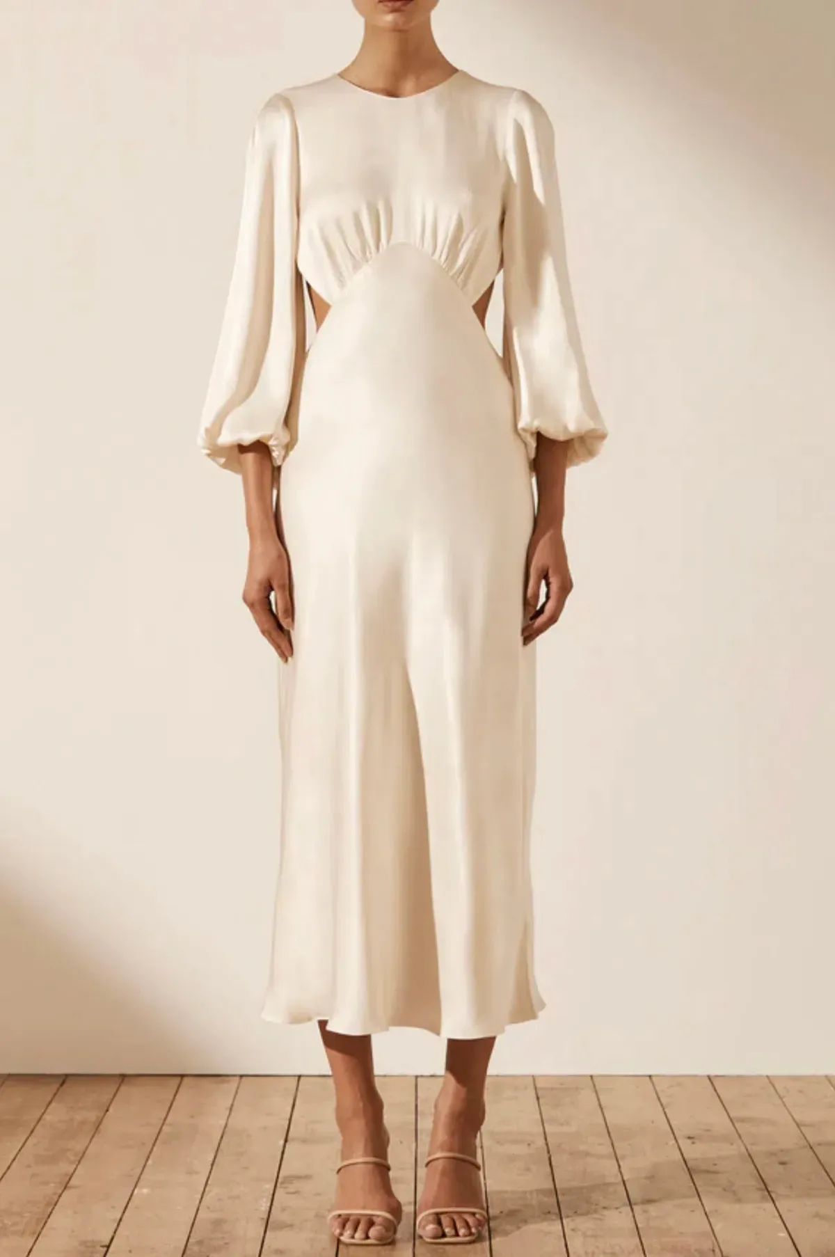 Shona Joy La Lune Open Back Balloon Sleeve Midi Dress Cream Size 6 - Image 1