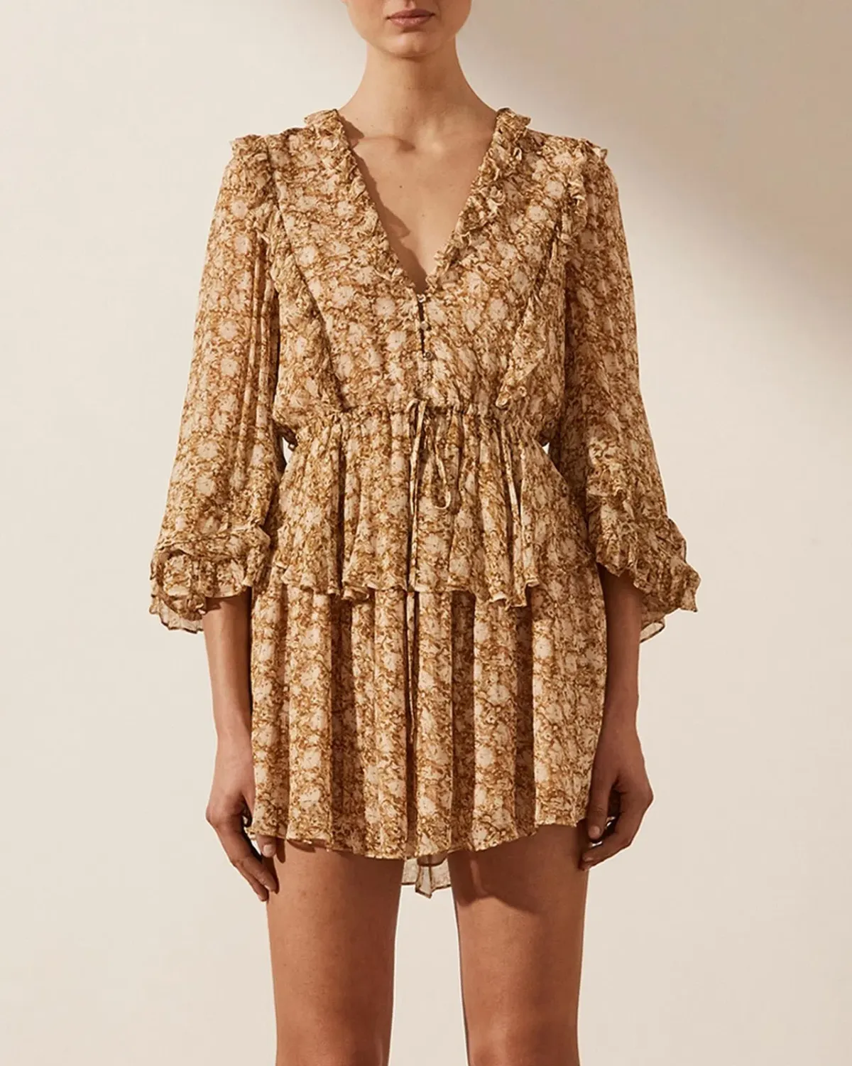 Shona Joy Julia Balloon Sleeve Drawstring Mini Dress Floral Size AU 10 - Image 2
