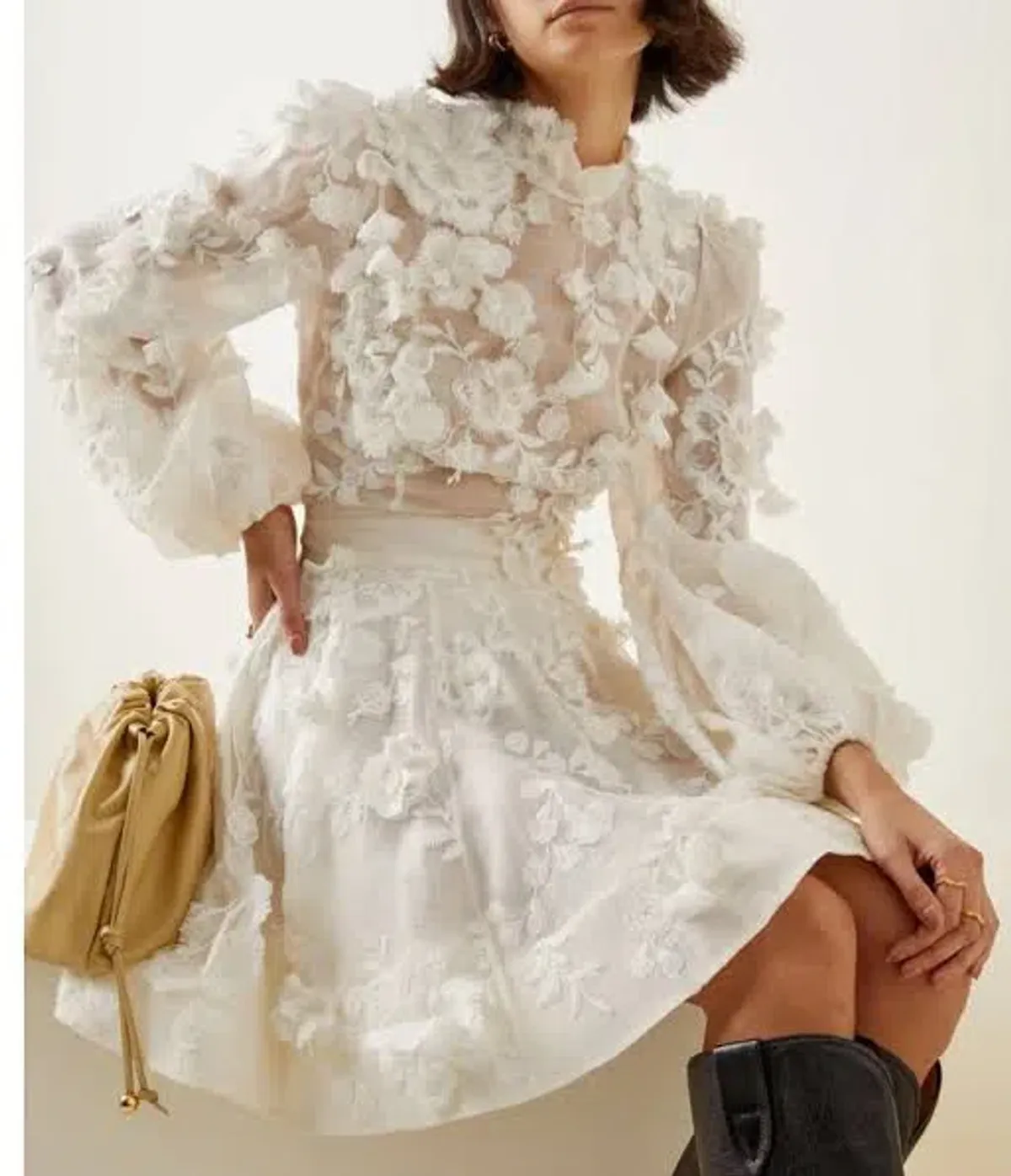 Zimmermann Postcard Blouson Top And Postcard Appliqué Mini Skirt Set Ivory Floral Size 1 / AU 10 - Image 2