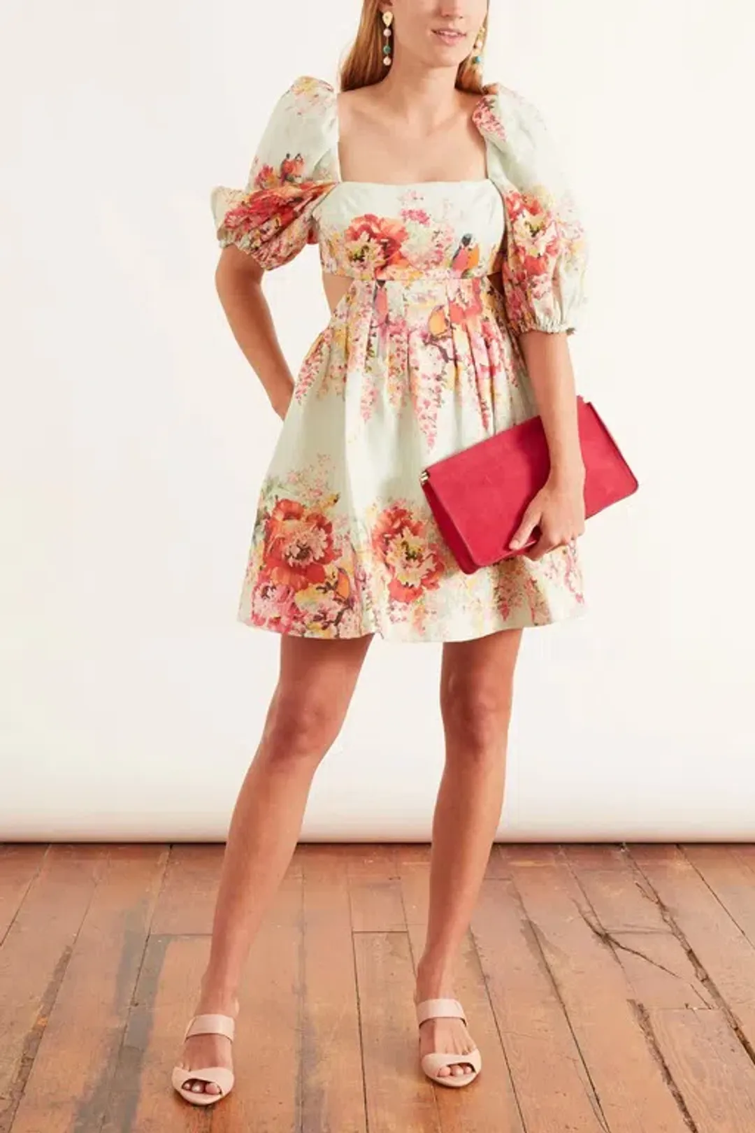 Zimmermann The Mae Cut Out Mini Dress in Mint Floral Size 10 for rent on The Volte - main image