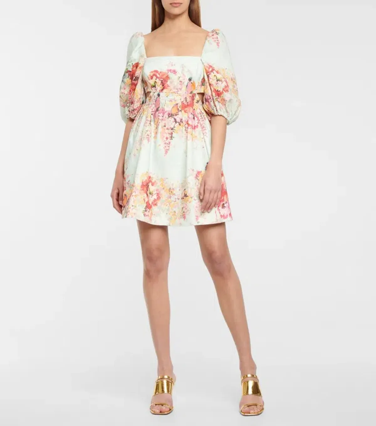 Zimmermann The Mae Cut Out Mini Dress in Mint Floral Size 10 for rent on The Volte - main image