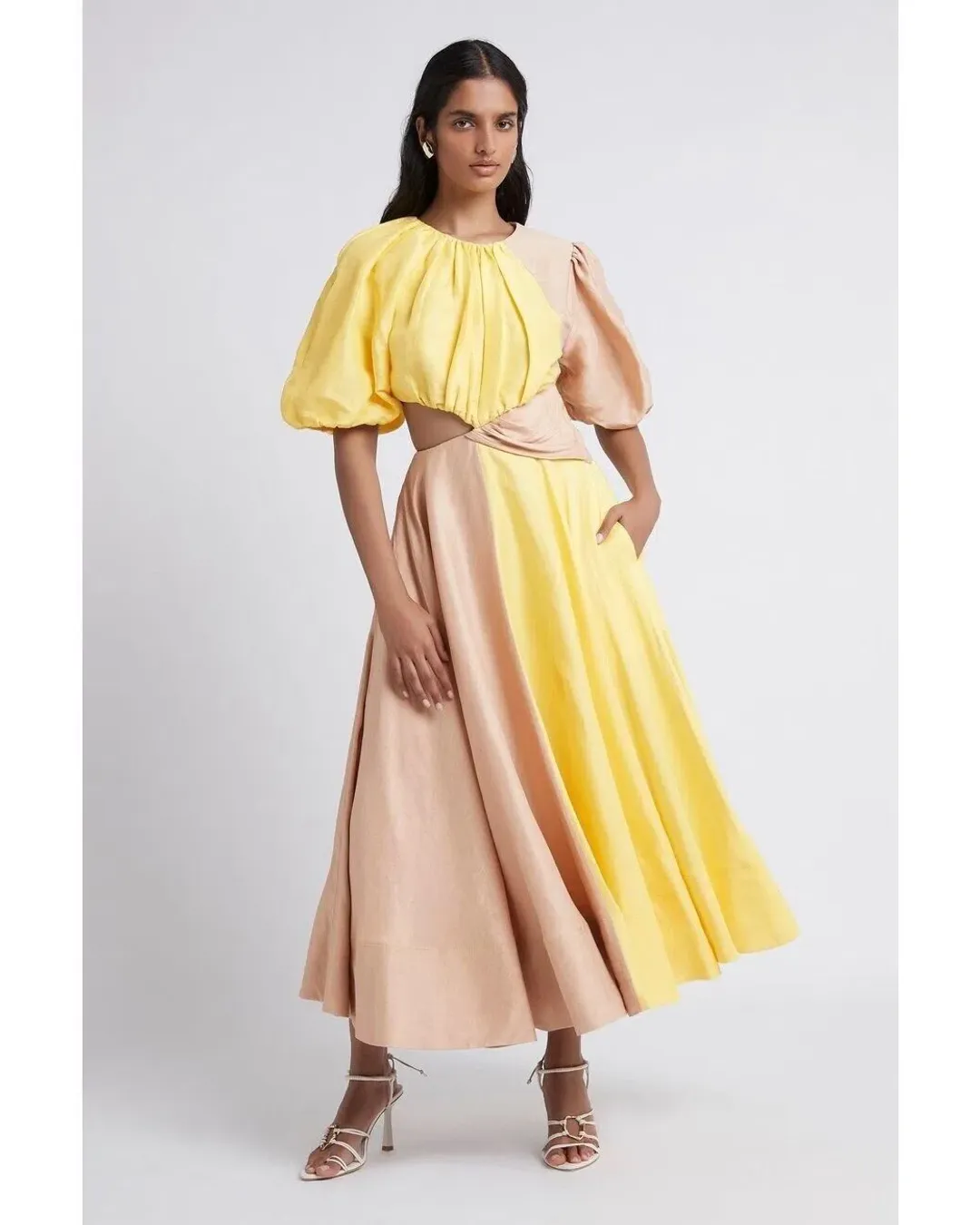 Aje Caliente Two Tone Puff Sleeve Dress Yellow/Brown Size 8 for rent on The Volte - main image