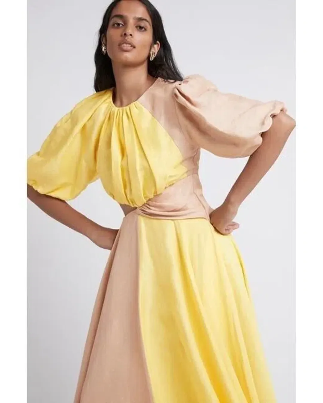 Aje Caliente Two Tone Puff Sleeve Dress Yellow/Brown Size 8 for rent on The Volte - main image