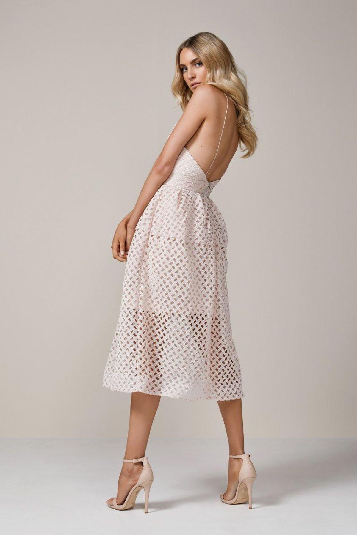 NICHOLAS Lattice Lace Tuck Ball Dress Blush Sz 6 - Image 3