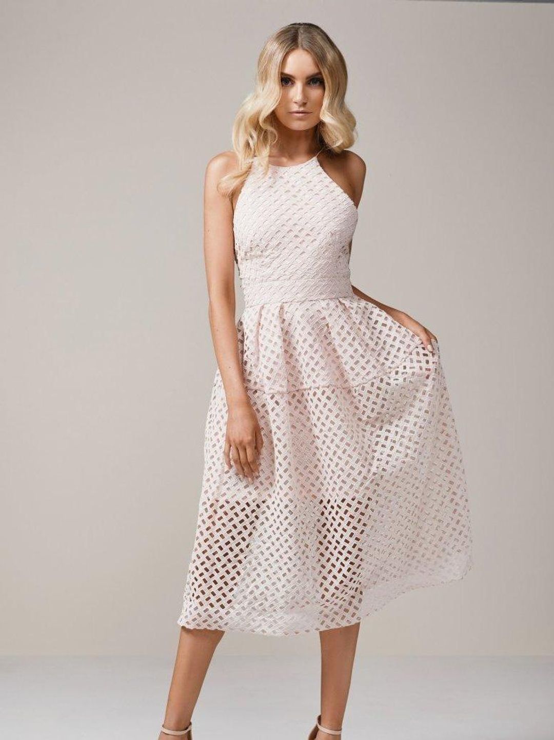 NICHOLAS Lattice Lace Tuck Ball Dress Blush Sz 6 for rent on The Volte - main image