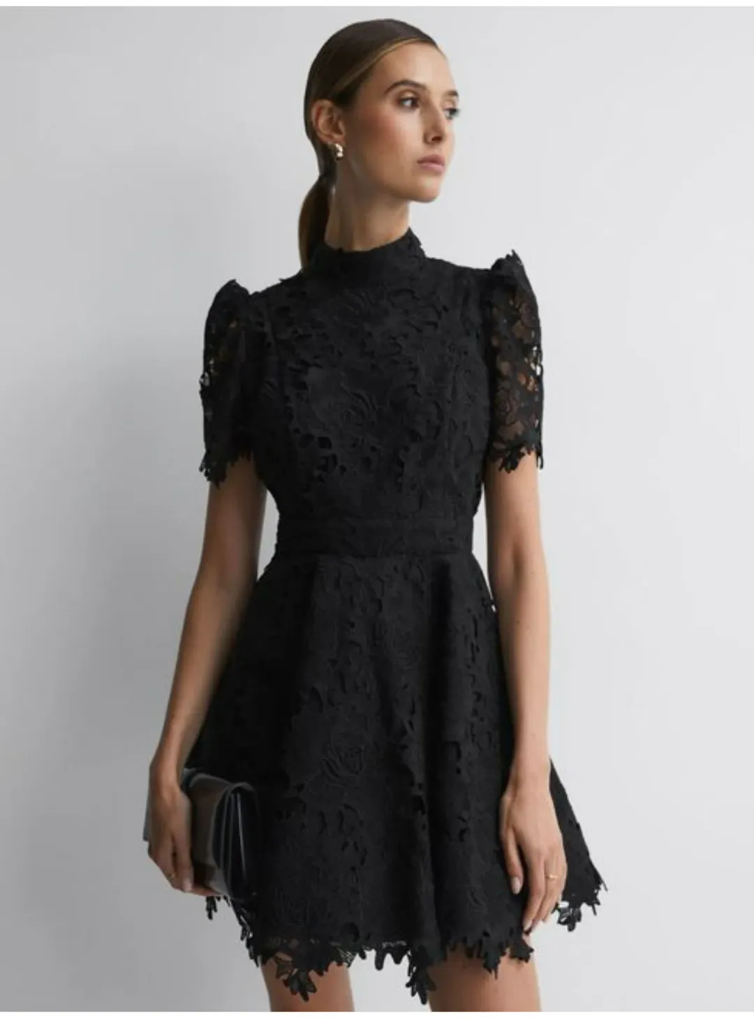 Leo Lin Elise Lace Short Sleeve Mini Dress Ebony Black Size AU 12 for rent on The Volte - main image