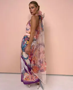 Leo Lin Evie Halter Bow Tie Top and Estella Wrap Midi Skirt in Neptune Print in Coral Set Size 6 for rent on The Volte - image 3